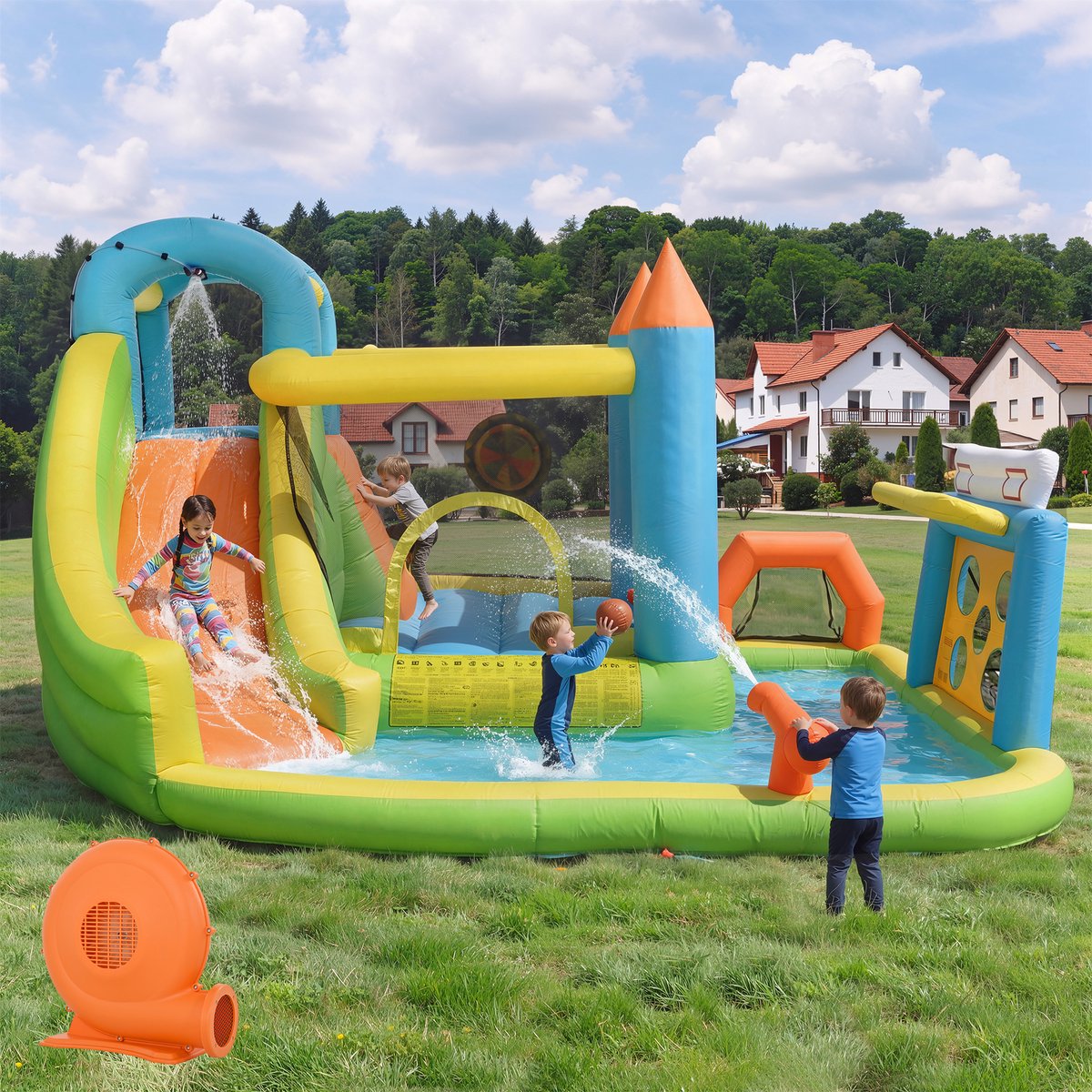 VVBV Kinderspringkussen Waterpark 360x320x200 cm - Met 450W Blower, Glijbaan, Springgedeelte, Peuterbad, Voetbalnet, Basketbalring en Waterpistool - Oxford-stof - Voor 3-10 Jaar