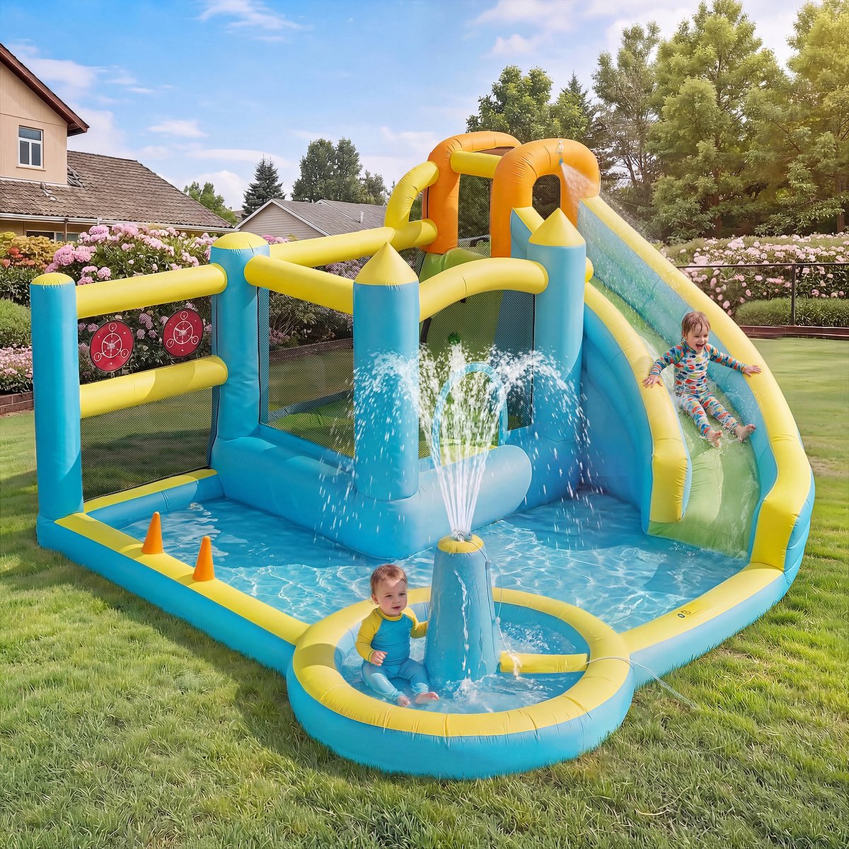 VVBV Opblaasbaar Waterpark Kinderspringkussen 430x390x210 cm - Met Blower, Waterglijbaan, Zwembad, Trampoline, Fontein, Klimdeel en Ringwerpspel - Oxford-stof - Voor Tuin en Terras