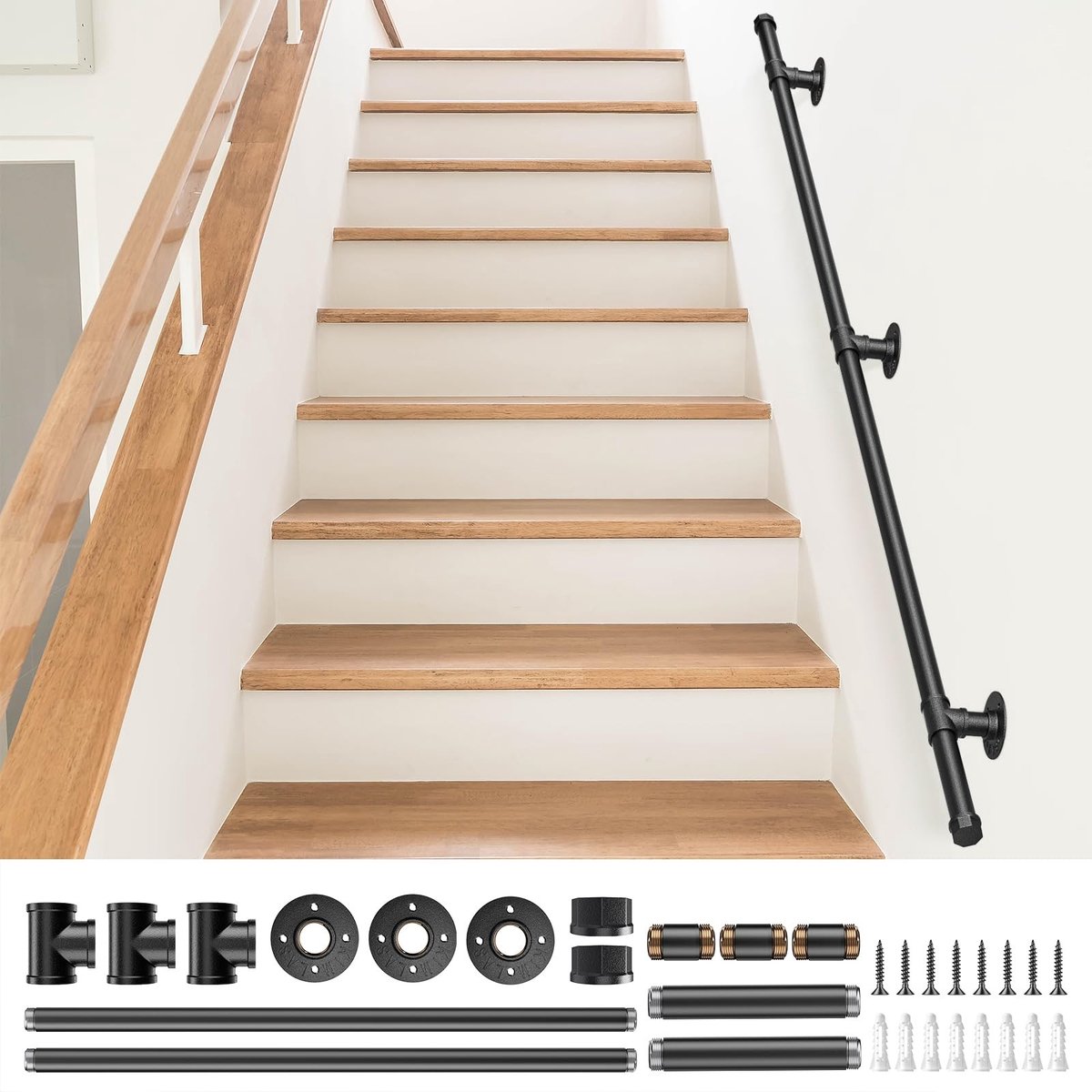 Dailygoods- Trapleuning 1,5 m - Robuust en duurzaam - Trapleuninghouders - Antislip - Smeedijzeren pijp - Corrosiebestendige coating - Veilig en stabiel - Leuningen