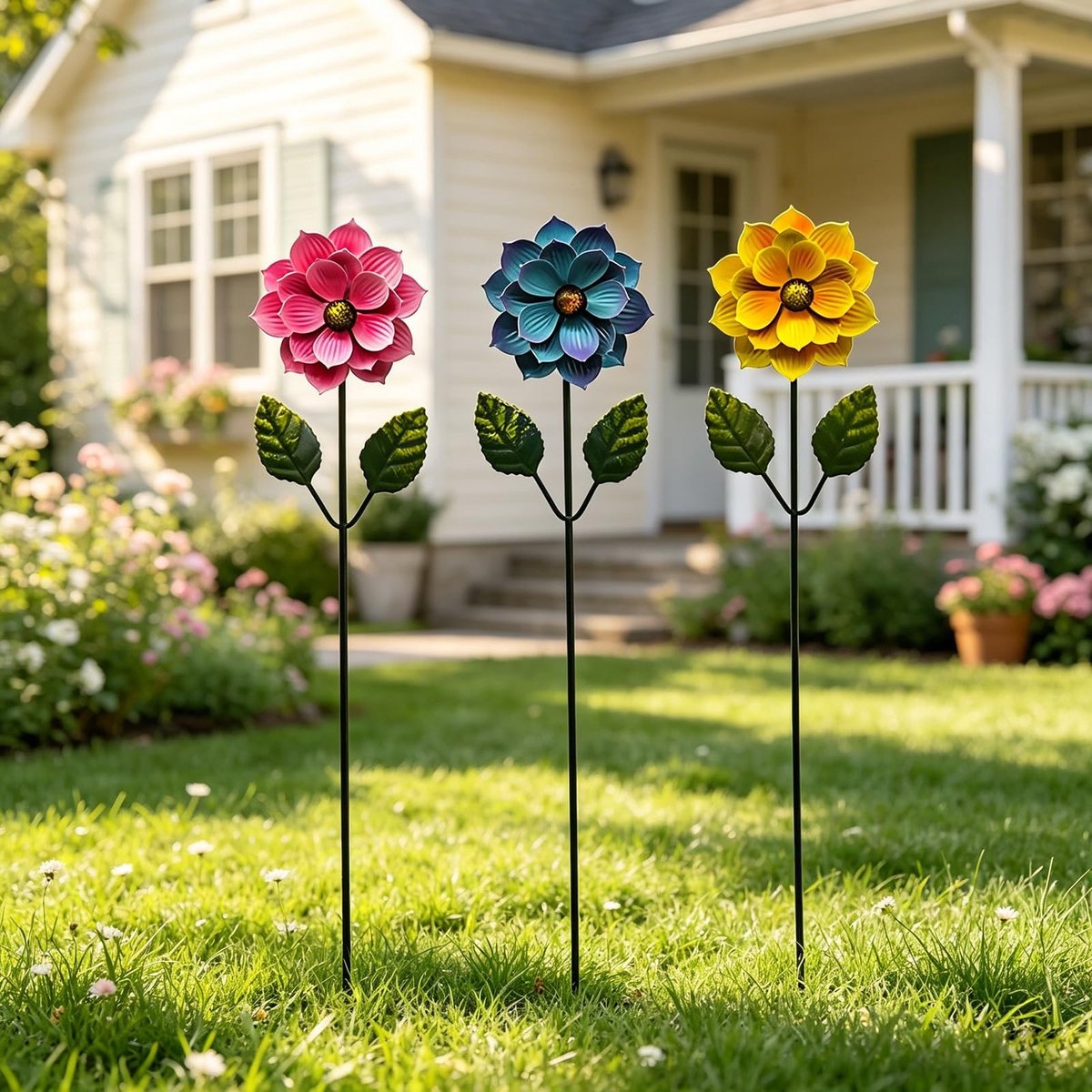 Dailygoods- Tuinstekers Set van 3 - Kleurrijke Bloemensteker - Decoratieve Tuinpalen - Roestbestendig Metaal - Hoogte Verstelbaar - Weerbestendig - Tuindecoratie