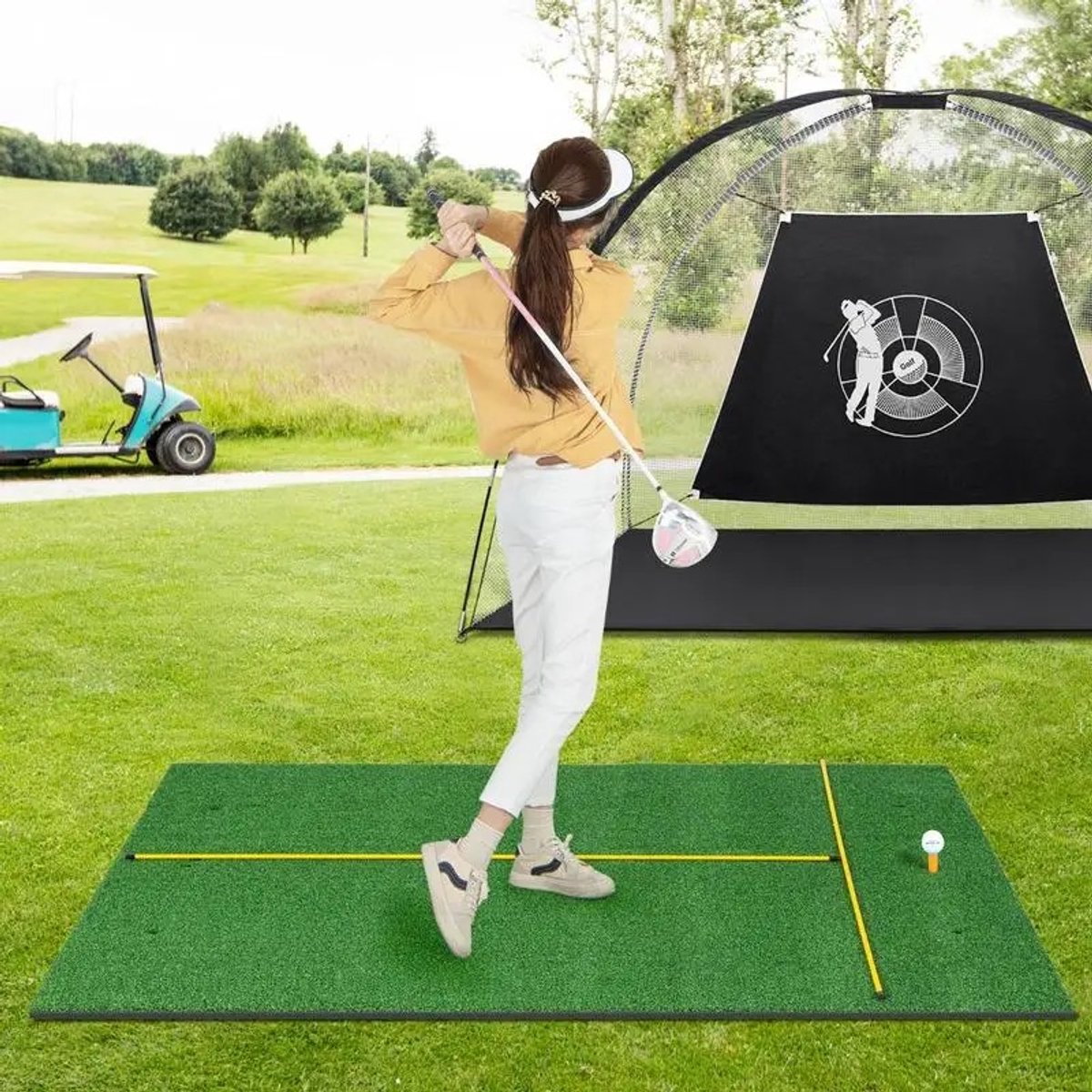 Dailygoods Kunstgrasmat voor golf oefeningen binnen en buiten, inclusief 2 rubberen tees en 2 uitlijningsstokken - 27mm