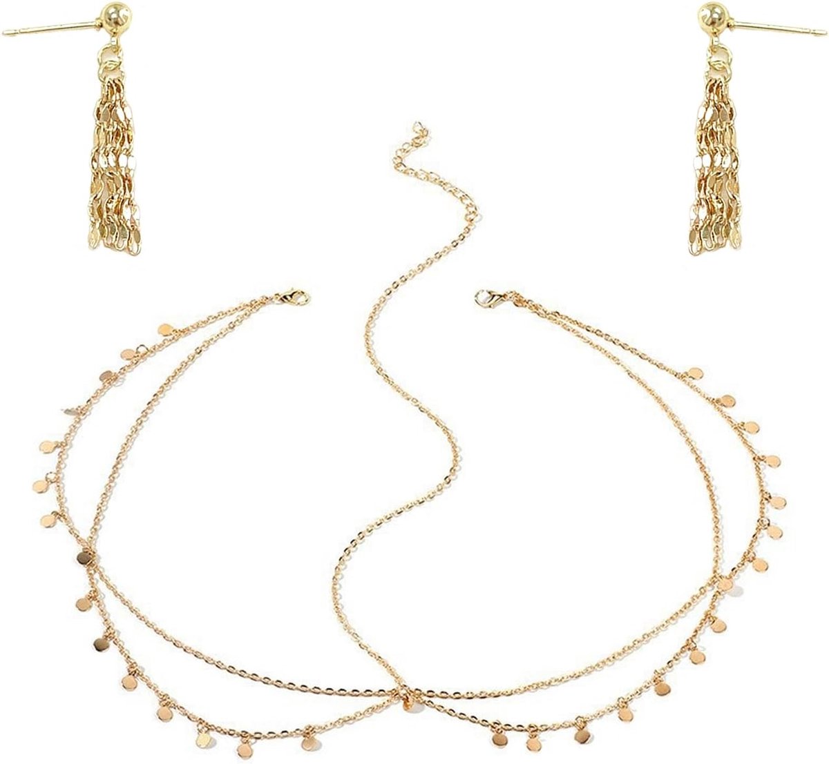 Gouden bandeau + 1 paar gouden oorbellen met franjes, haarketting, bohemian stijl, fonkelend, voor dames en meisjes