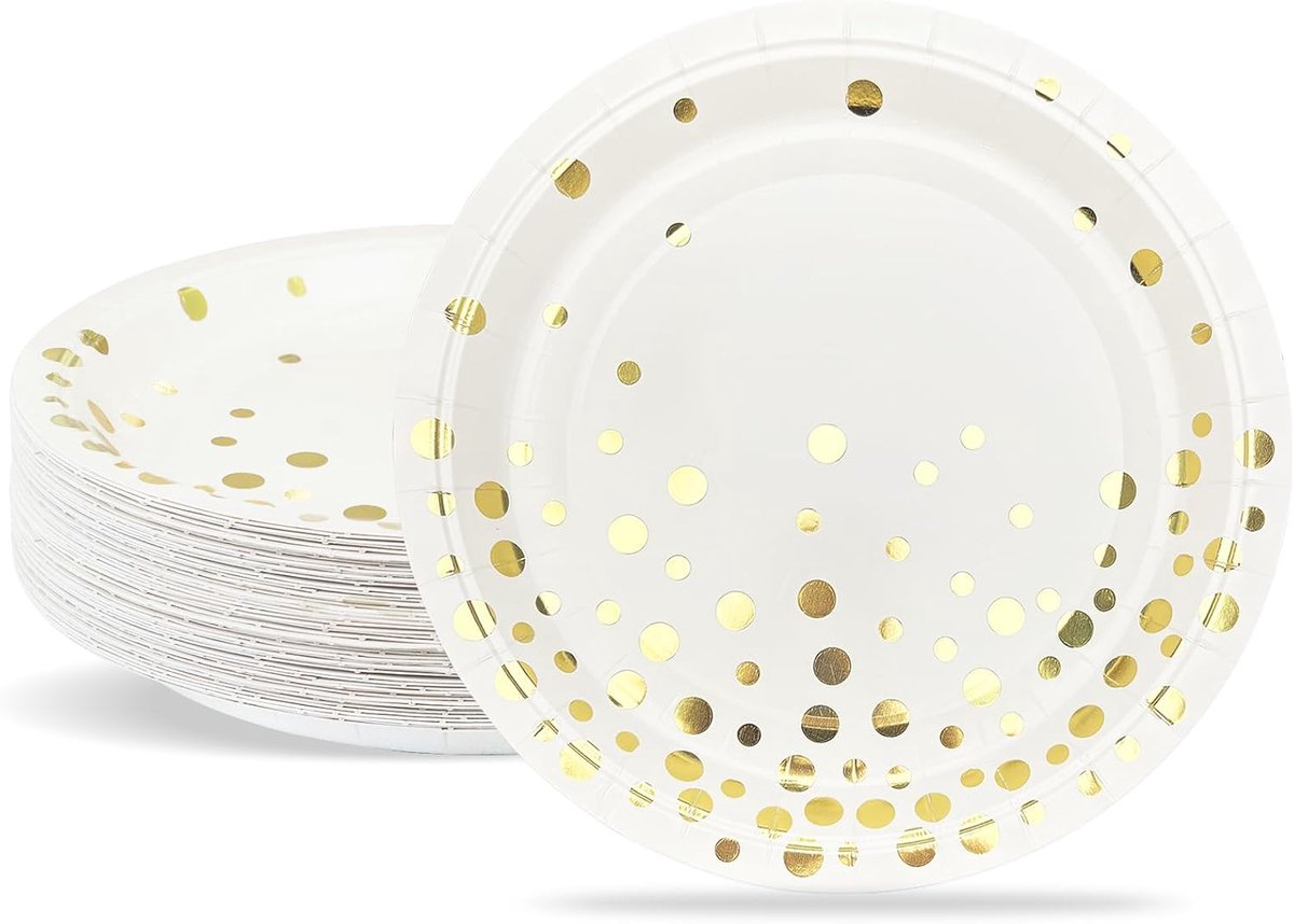 borden, feestborden met goudfolie, set van 23 cm, feestservies set, wit met gouden stippen, 50 stuks papieren borden voor afstudeerfeesten, jubilea, Valentijnsdag, inhuldigingsfeesten,