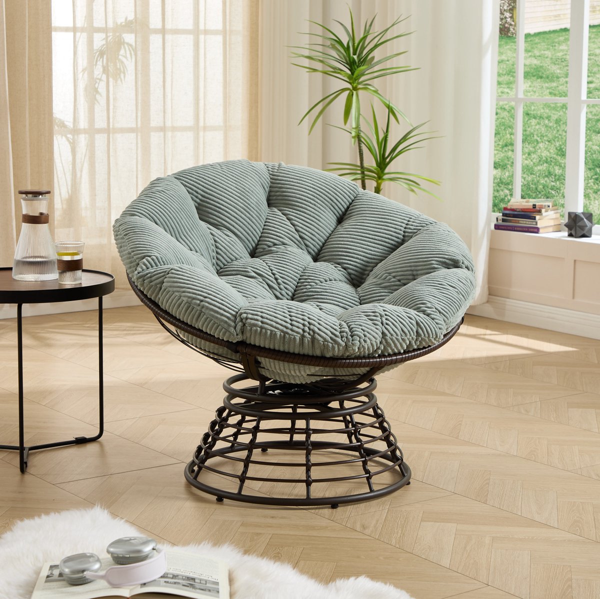 MIVRAY Fauteuil 92 Cm - 360 Graad Draaibare Papasan Stoel Met Dikke Zitting - Voor Woonkamer En Slaapkamer - Metaal En Rotan - Lichtgroen