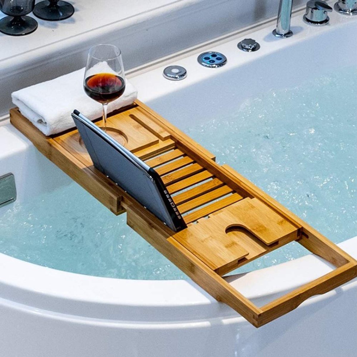 Uittrekbare badmand, verstelbaar baddienblad van natuurlijk bamboe met duurzaam wijnrek + dienblad, luxe houten badplank, uittrekbaar baddek (B-70-105 cm x 22 x 4 cm)
