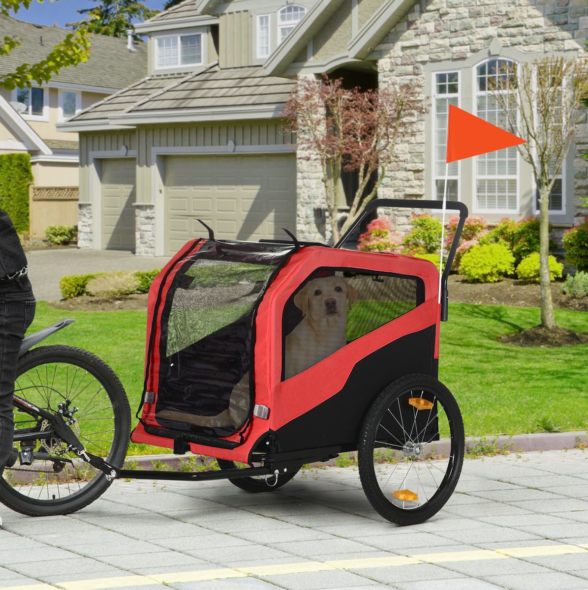 MEUNIQ hondenbuggy en hondenfietskar 2-in-1 voor grote honden tot 30 kg, 3-wiel dierenbuggy met veiligheidslijn, gaasvensters en opbergtassen, rood