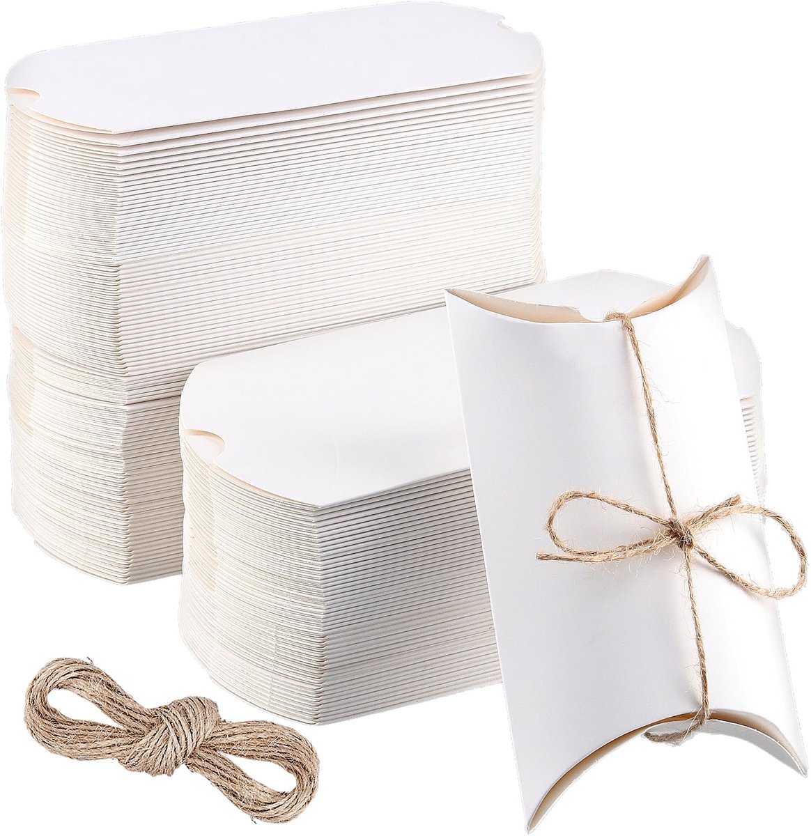 150 stuks kussendozen kraftpapier wit met jute koord, 13 x 8,8 x 3,5 cm, kleine kussens, geschenkdozen voor bruiloft, verjaardag, festival, feest