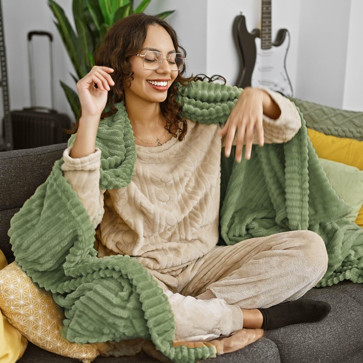 Wollen deken & Fleecedeken, Bankdeken, Zachte Warme Grove Corddeken voor Kamerdecoratie, Woon- & Knuffeldekens, Sprei, Reseda, 150 x 200 cm