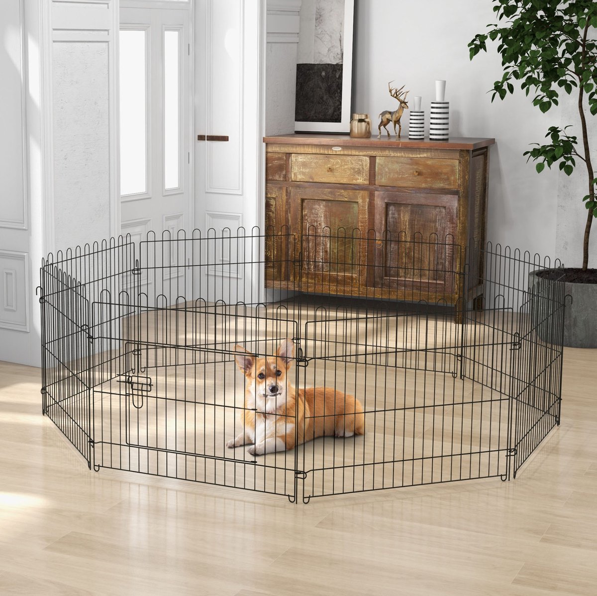 MIVRAY Puppyren – 180 X 180 X 61 Cm – Stevig Staal – Zwart – Voor Puppytraining En Veilige Speelruimte – Met Deur En 8 Bodemankers