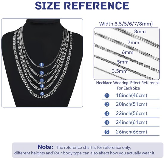 2 stuks Cubaanse ketting armband set voor mannen, 3,5/5/6/7/8 mm brede mannenarmband, 316L roestvrij staal, Cubaanse schakels, voor jongens, hiphop, lengte 46/51/56/61/66 cm — afbeelding 2
