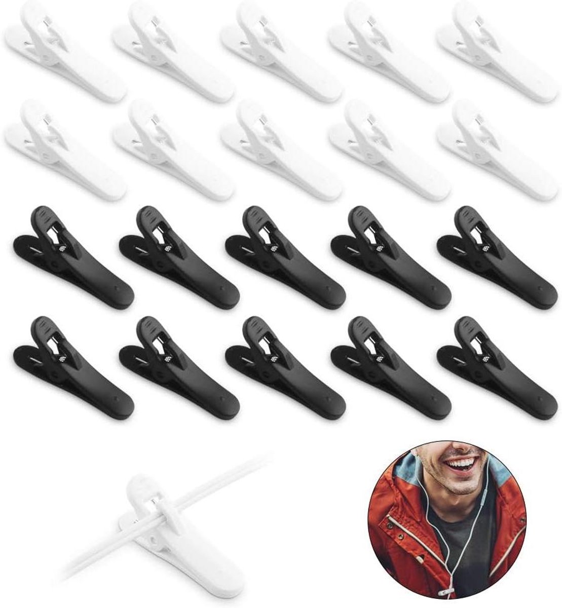 Hoofdtelefoon Clips - Kabel Houders - Tijdens Activiteiten - Lichtgewicht Ontwerp - 20 Stuks - Zwart Wit