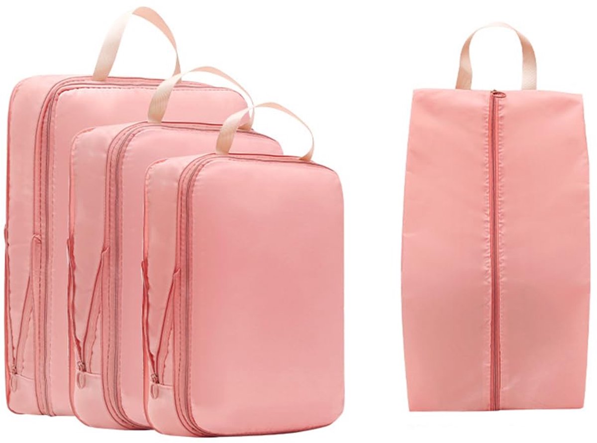 Compression Packing Cubes 4 Delige Set – Reis Organizers voor Koffer – Inclusief Schoenentas – Lichtgewicht Kleding Opbergzakken voor Vakantie en Zakenreis – Roze