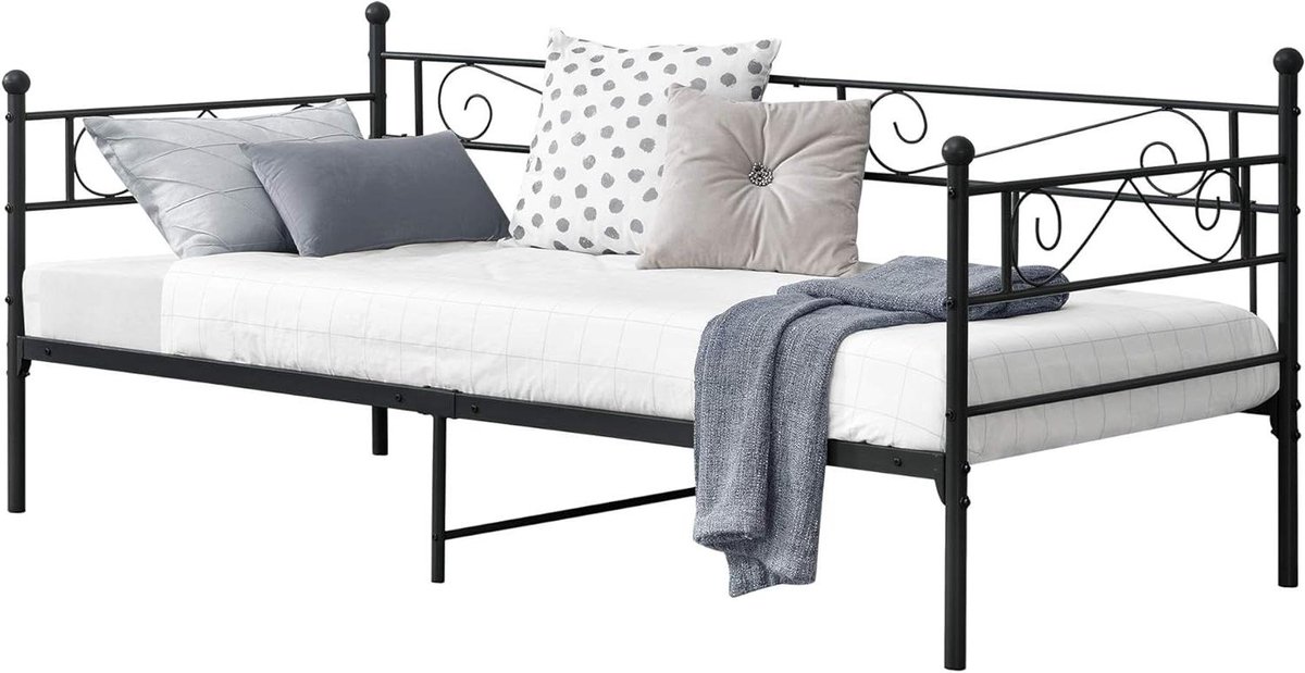 Eenpersoons slaapbank - Zitbank bed - Kleine ruimtes - Decoratief hoofd- en voeteneinde - 90x200 cm - Zwart