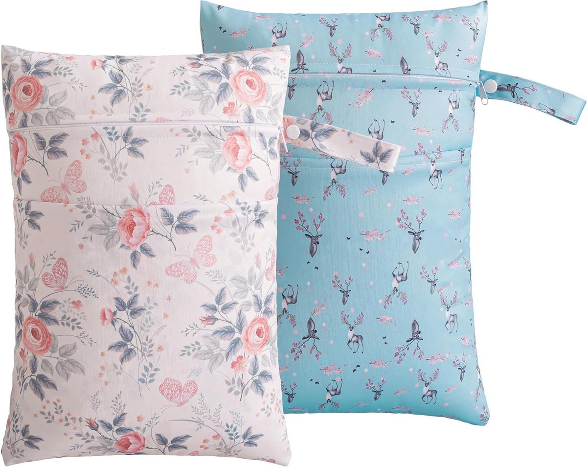 Luiertas 2 Stuks - Natte Tas Organizer - Baby Verzorging - Dubbele Ritssluiting - 40x28 cm - Blauw Bloemen