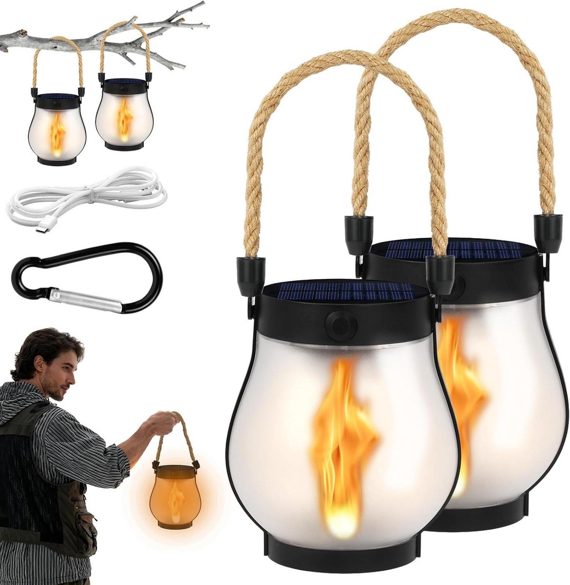 Zonne-energie Lantaarns - Buitenlampen Vlam Effect - Sfeerverlichting Tuin - Dubbele Oplaa