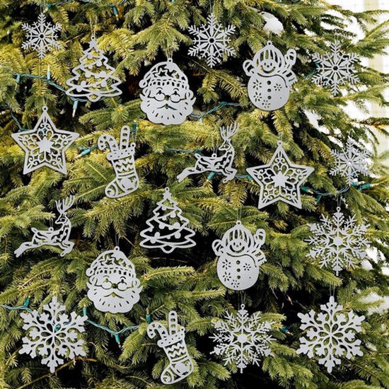 20 stuks Kerstornamenten Set - Kerstboom Hangende Ornamenten - Glanzende Sneeuwman - Herten - Kerstman - Glanzende Sneeuwvlok - Versiering voor Kerstdecoratie en Feestartikelen - Zilver
