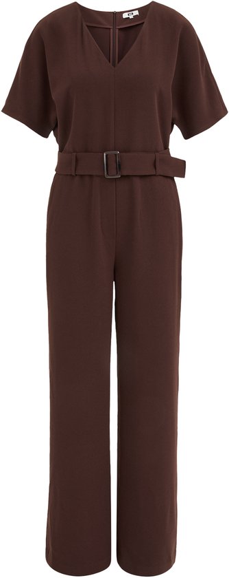 Bruine jumpsuit met korte mouwen, V-hals en ceintuur met gesp.
