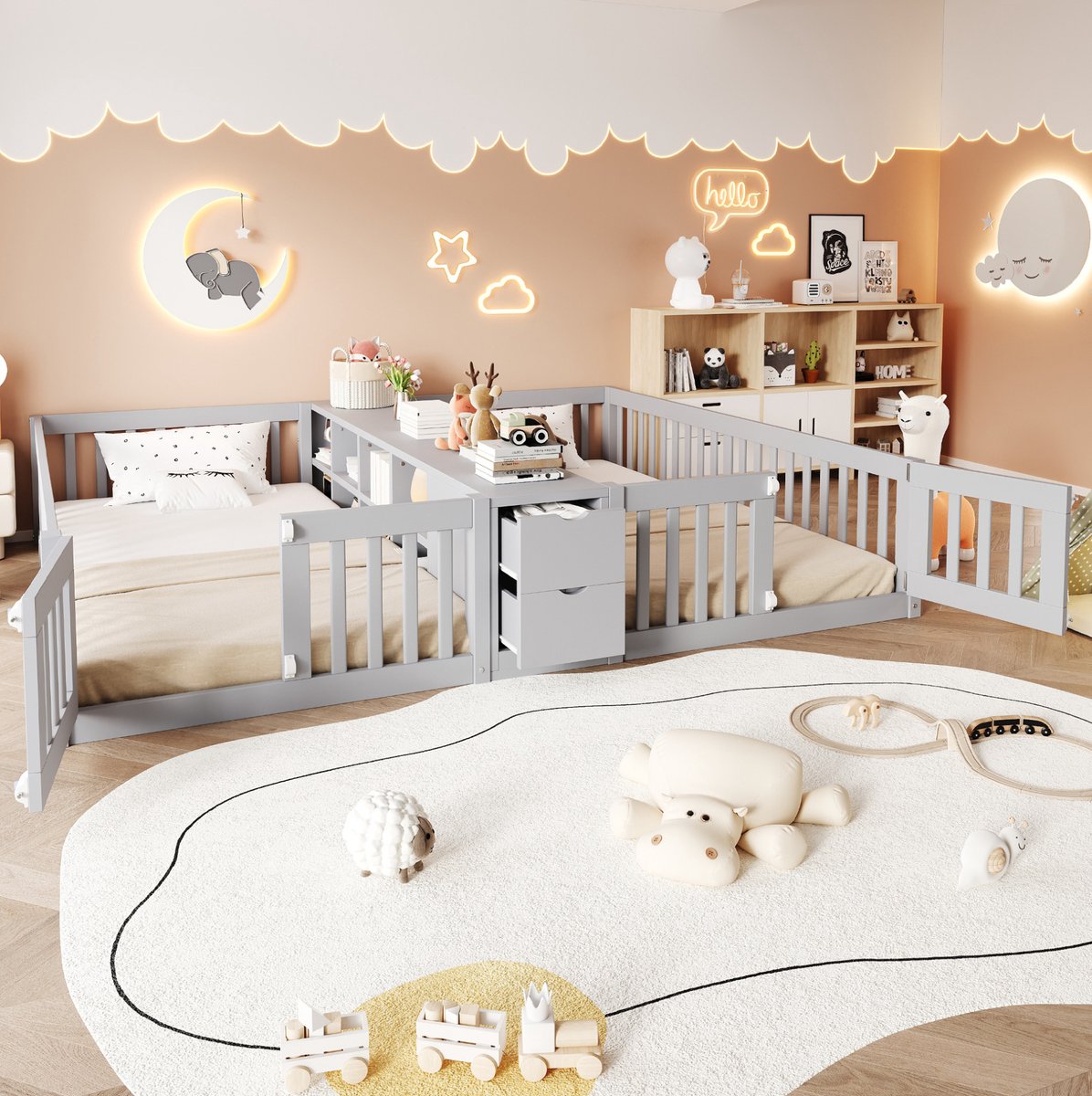 MIVRAY Kinderbed 90x200 cm - Tweepersoons Bedframe Met Opberglades En Open Rek - Zonder Matras En Met Veiligheidshek - Hout - Grijs
