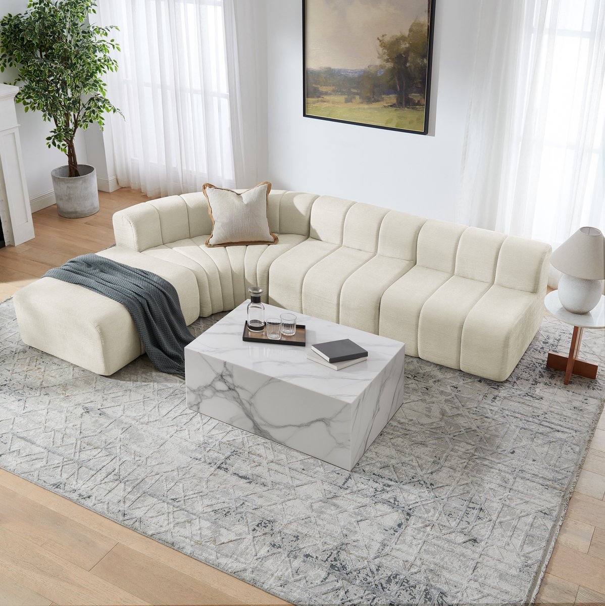 MIVRAY Hoekbank 285 x 203 cm - Vrij Combineerbaar Modulair Ontwerp - 4-Zits Voor Woonkamer En Lounge - Chenille Beige