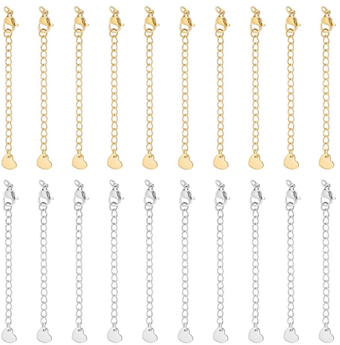 20 Stks 2 Kleuren 75mm Ketting Extender 304 Rvs Verlengketting Sets Ketting Extender Ketting End Kettingen Extension Staarten met Sluitingen en Kleine Hart Charm voor Ketting Sieraden