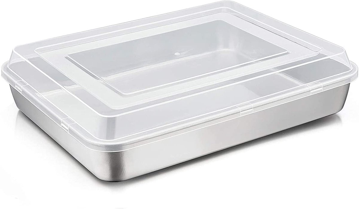 Rechthoekige taartvorm van roestvrij staal met luchtdichte deksel - 31 x 24 x 5 cm - Ideaal voor cakes, brownie/lasagnes, duurzaam en vaatwasserbestendig