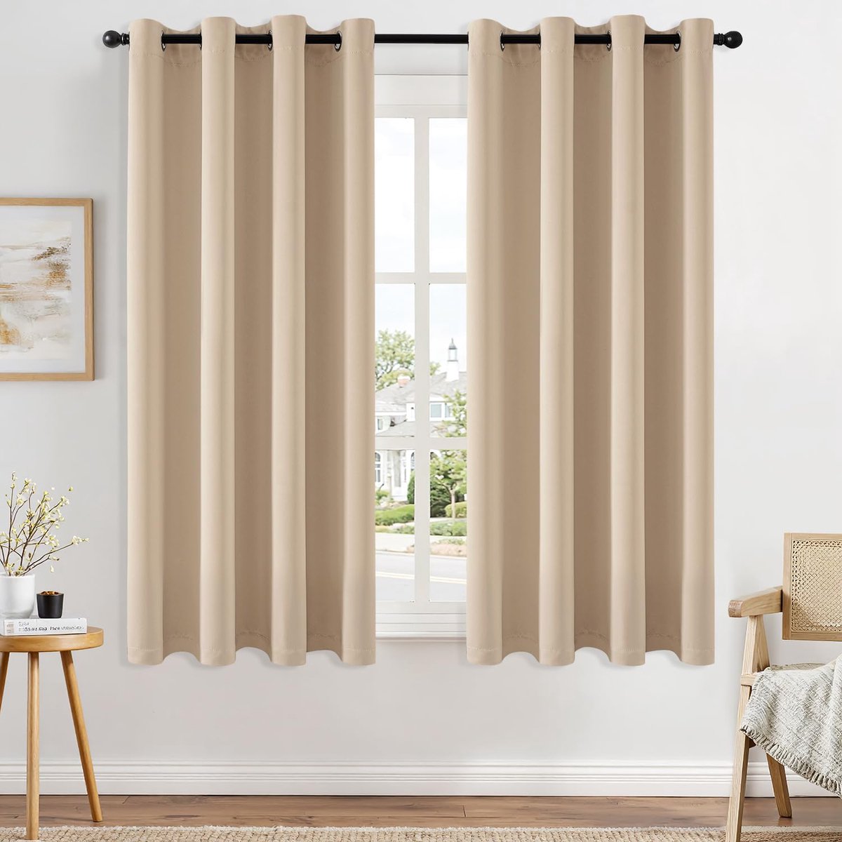 Gordijnen, donkerbeige, ondoorzichtig, met inslagringen, 145 cm lang, zachte verduisteringsgordijnen voor kamers, set van 2, verduisterende gordijnen voor woonkamer en slaapkamer, 145 x 140 cm
