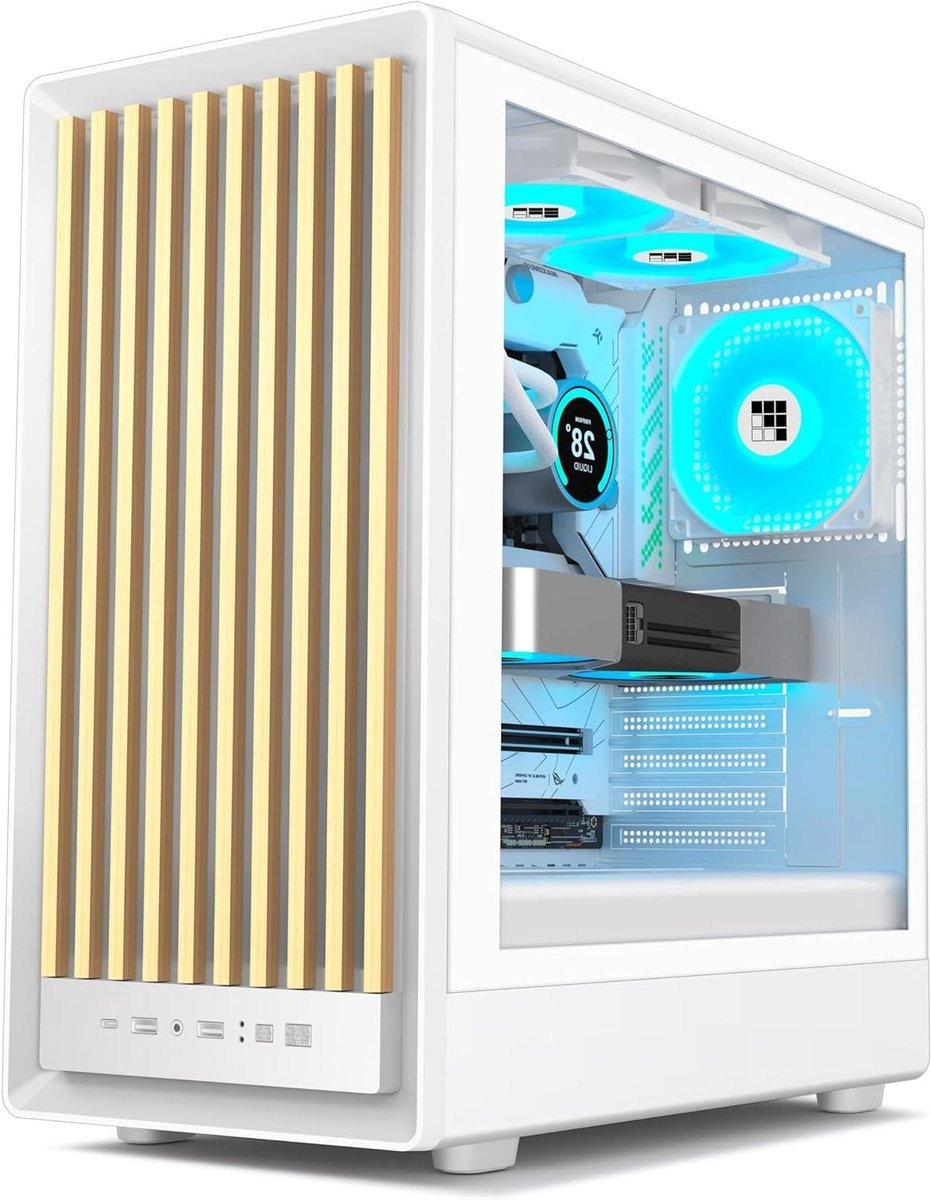 PC Behuizing - Computerkast Mid-Tower - Gaming Setup Bouwen - Houten Walnoot Front - ATX Mid-Tower - Wit