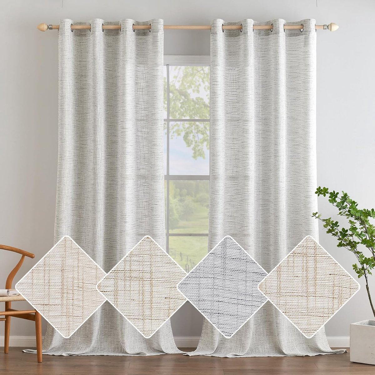 Linnen gordijnen, transparante gordijnen, oogjes, raamgordijn, linnen, decoratief, raamgordijnen voor binnen, elegant, vintage, voor woonkamer, kantoor, 2 panelen, 140 x 260 cm, wit/grijs