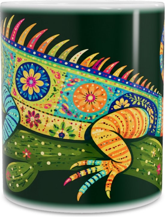 Mok met Leguaan Mexicaanse Alebrije Stijl Donkergroene Koffiemok met Tropische Hagedis