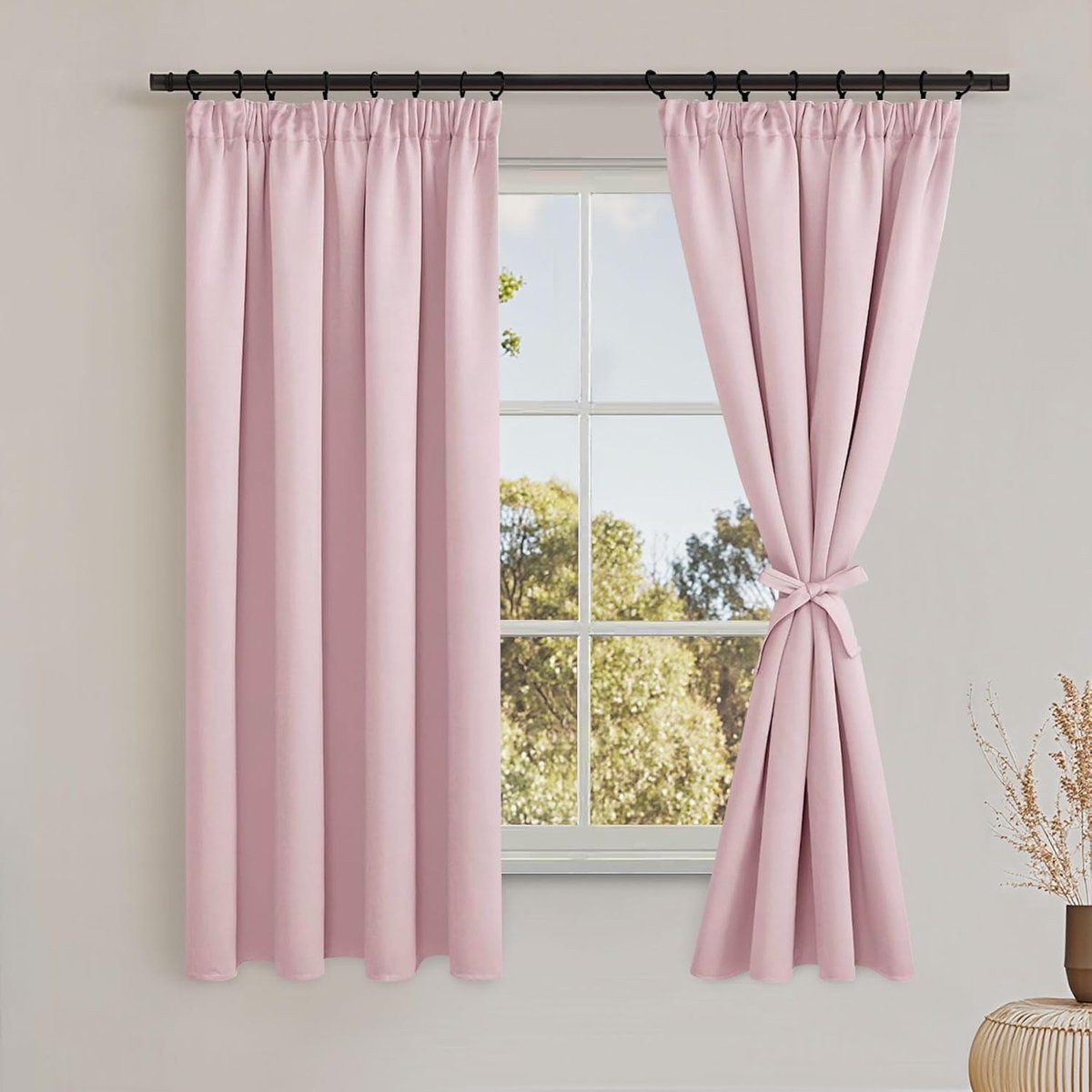 Gordijnen, ondoorzichtig, plooiband, set van 2, 140 x 160 cm (Breedte x Hoogte), verduisteringsgordijnen met gordijnstropdassen, gordijnen woonkamer, slaapkamer, thermogordijn, koudebescherming
