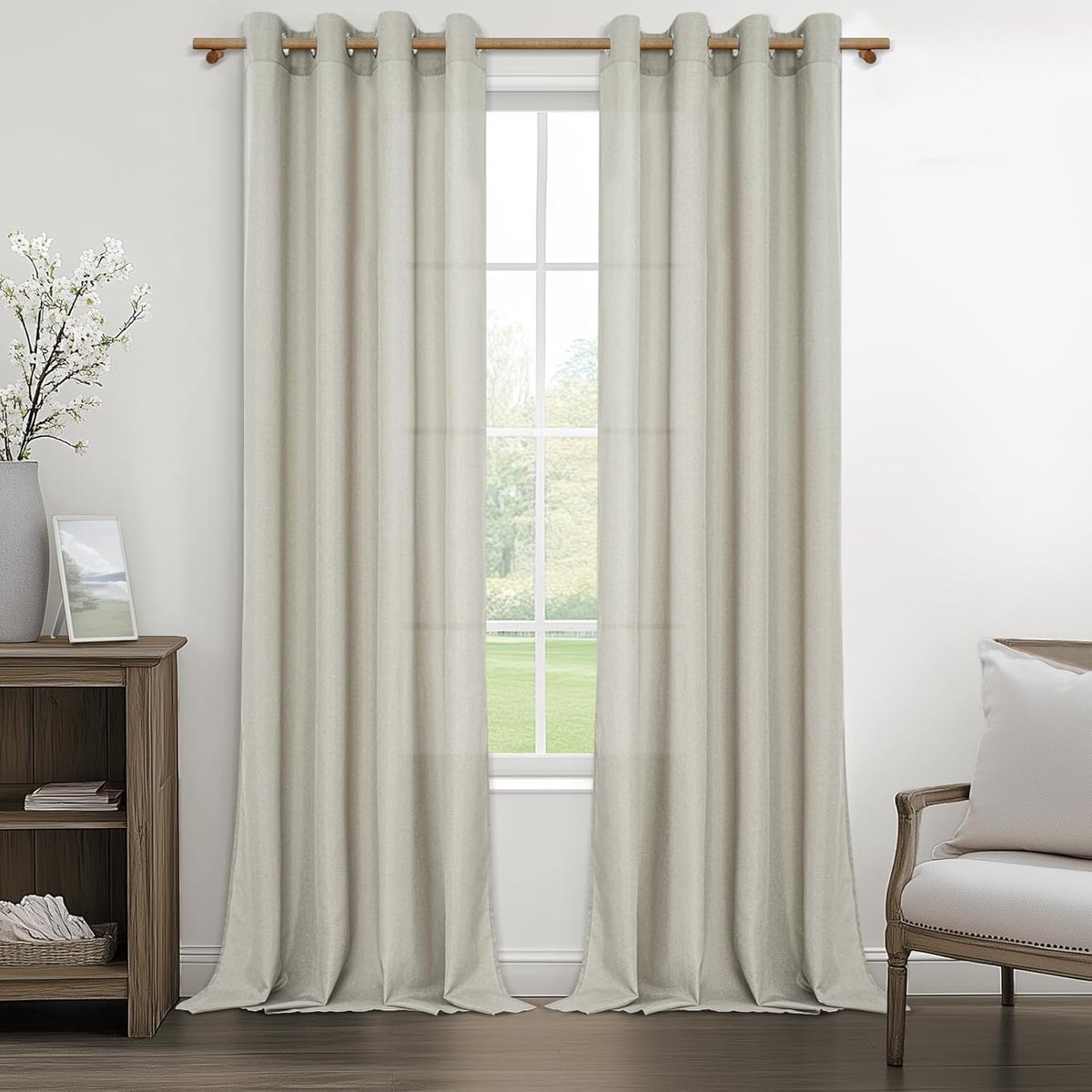 Gordijnen van natuurlijk linnen, 2 stuks, 140 x 250 cm, gordijn voor woon- en slaapkamer, doorschijnende gordijnen met ogen, elegant design voor huis en eetkamer