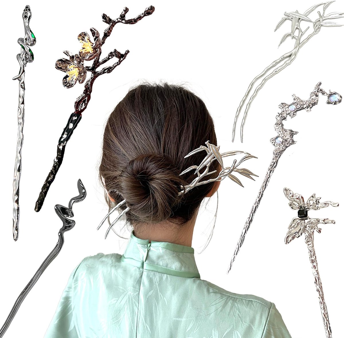6 stuks retro haarstokjes, houten haarstokjes, handgemaakte gesneden haarspelden, voor lang haar styling vrouwen