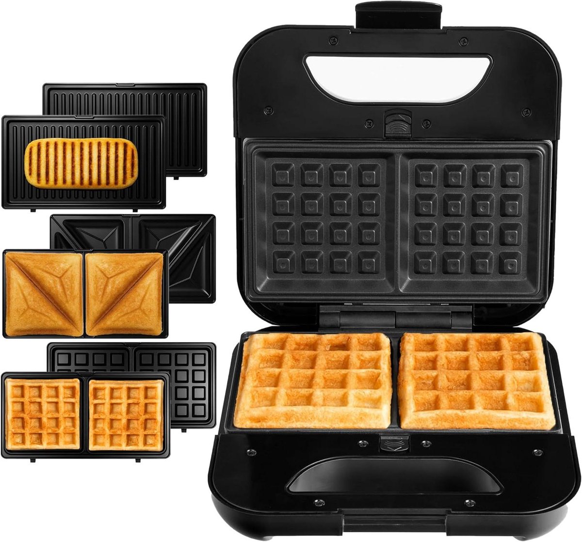 3-in-1 Keukenapparaat - Wafelijzer Grill - Snelle Snacks Maken - Verwisselbare Platen - 800 Watt - Zilver Zwart
