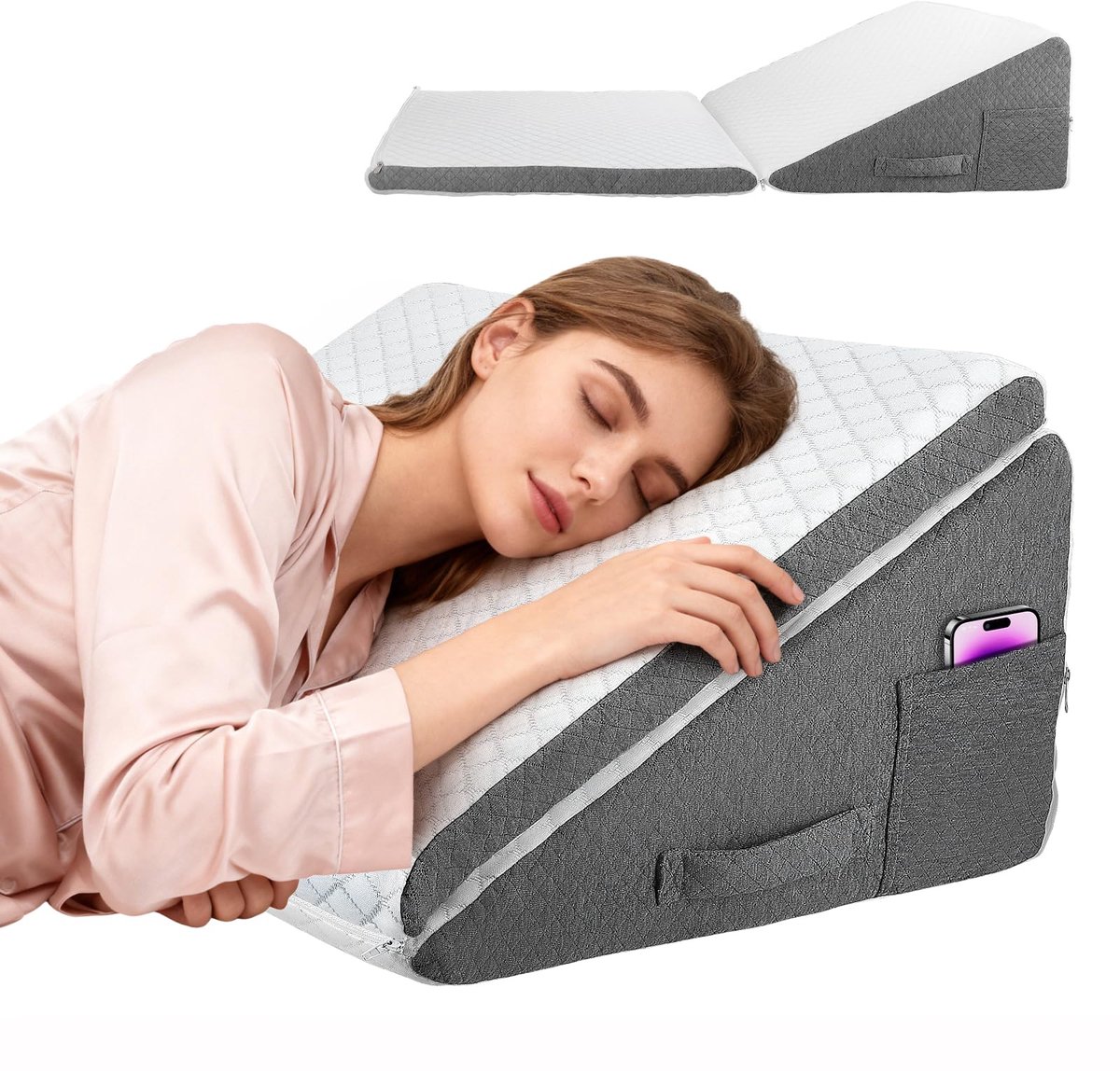 Wigkussen voor bed en bank met traagschuim, 50 x 50 x 26 cm, in hoogte verstelbaar slaapkussen, leeskussen voor bank/bed, multifunctioneel zit- en beenkussen, wasbare hoes voor ergonomisch comfort