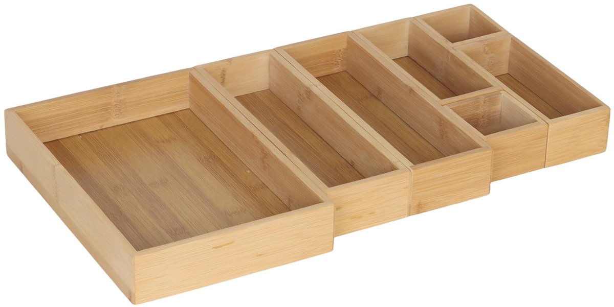 Thijox - 7-delige bamboe lade-organizer voor badkamer, keuken en bureau, 28x19.5x5 cm, natuur, opbergdozen voor cosmetica, bestek, kantoorbenodigdhede