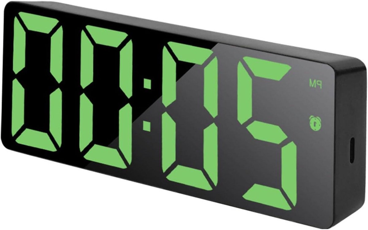 Digitale Wekker - Nachtklok Spiegel - Wakker Worden - Dubbel Alarm - Groot LED Scherm - Zwart Groen