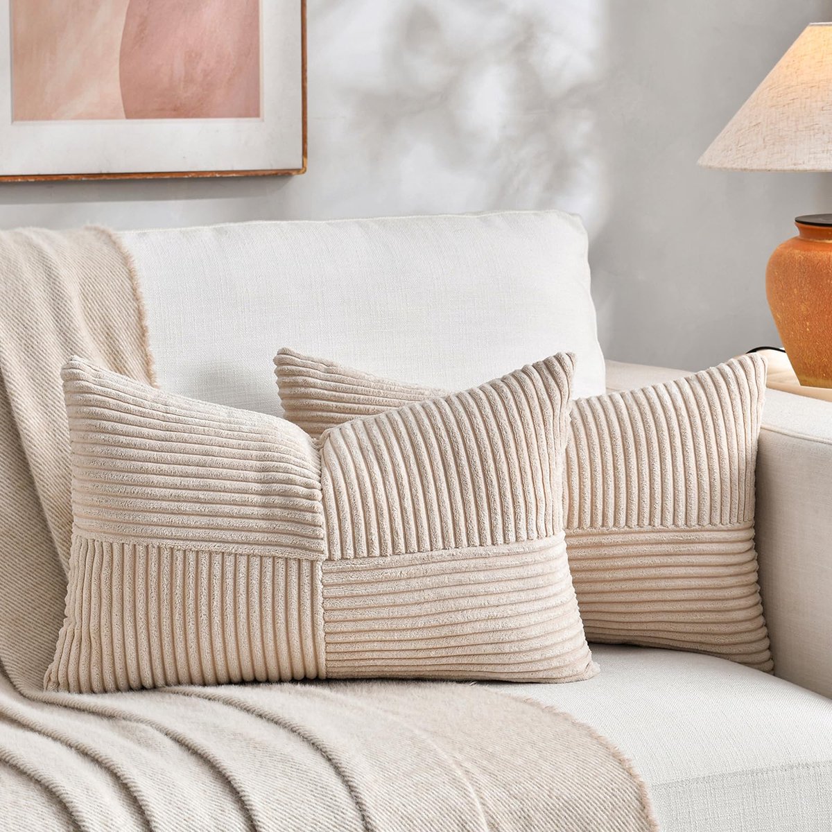 Set van 2 boho-kussenslopen voor bank, 40 x 65 cm, corduroy, modern, zacht, kruispatroon, decoratieve kussenslopen voor bank, slaapkamer, beige