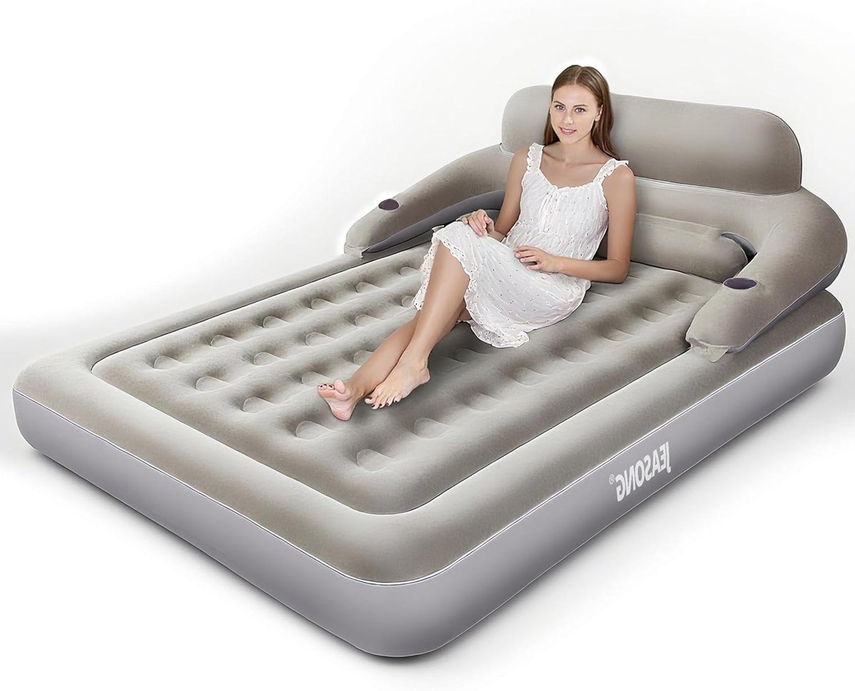 Luchtmatras met hoofdeinde - Opblaasbaar bed - Logeren en kamperen - Ingebouwd hoofdeinde - 203 x 152 cm - Grijs