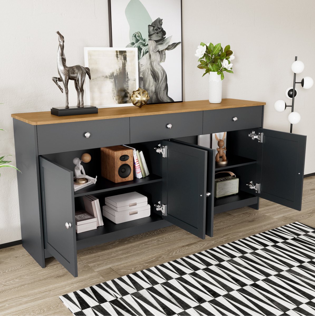 HAUSS SPOLE Dressoir - Landelijke Opbergkast Met 4 Deuren En 3 Lades - Voor Woonkamer En Eetkamer - MDF - 160x37x75 Cm - Grijs Zwart
