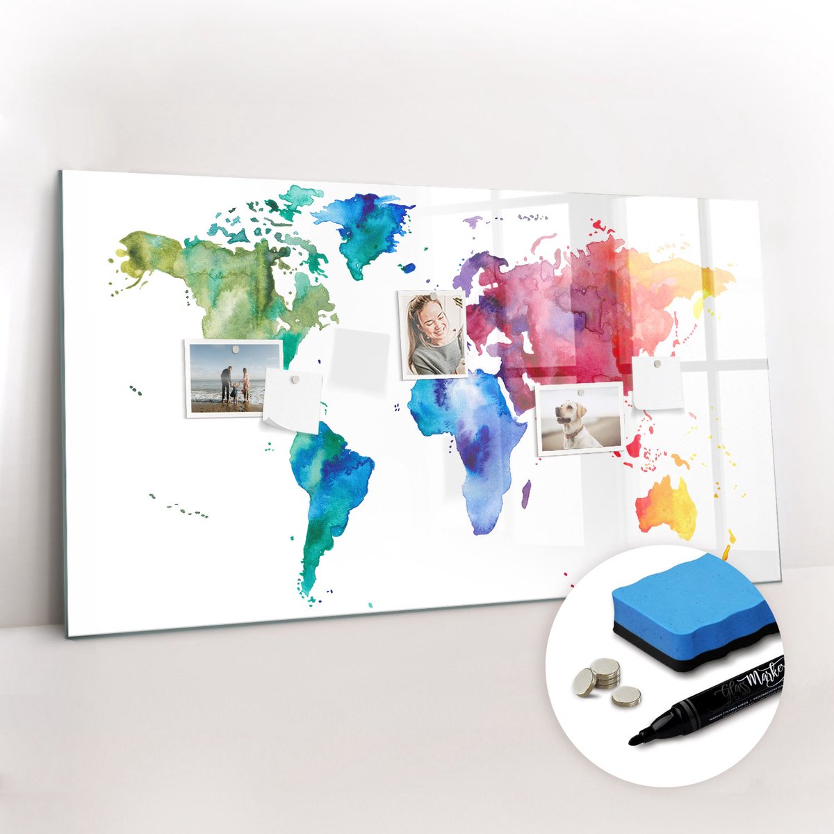Tulup Whitebord - Aquarel wereldkaart - 120 x 60 cm - Veelkleurig Magneetbord Keuken - Gratis 5 Sterke Magneten + Whiteboard Marker & Wisser - Design Memobord - Memobord Magnetisch - Productiviteit Tools