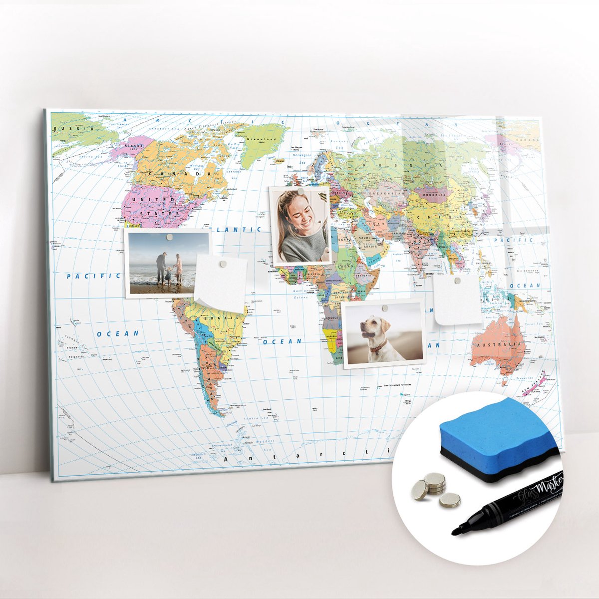 Tulup Whitebord - Politieke wereldkaart in kleur - 90 x 60 cm - Veelkleurig Magneetbord Rechthoekig - Gratis 5 Sterke Magneten + Whiteboard Marker & Wisser - Stylish Memo Board - Magnetisch Bord Kind - Organiseer Je Bureau