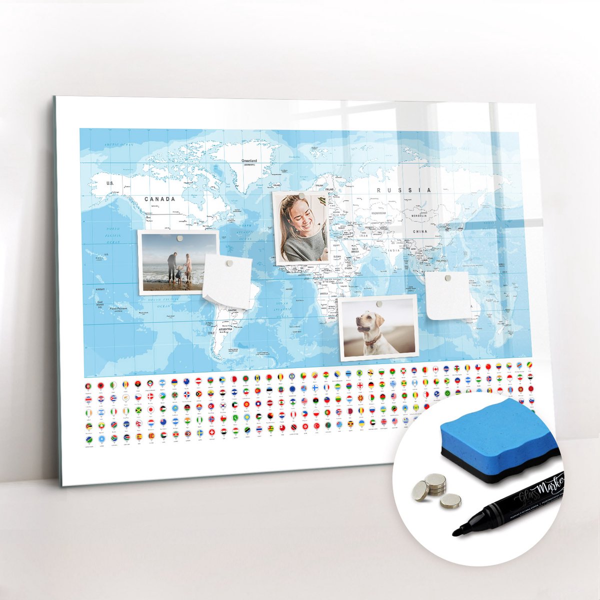 Tulup Whitebord - Illustratie van een kaart van de continenten - 100 x 70 cm - Blauw Memobord Keuken - Gratis 5 Sterke Magneten + Whiteboard Marker & Wisser - Interieur Accessoires Kantoor - Magnetisch Bord Kind - Inspiratiebord Kantoor