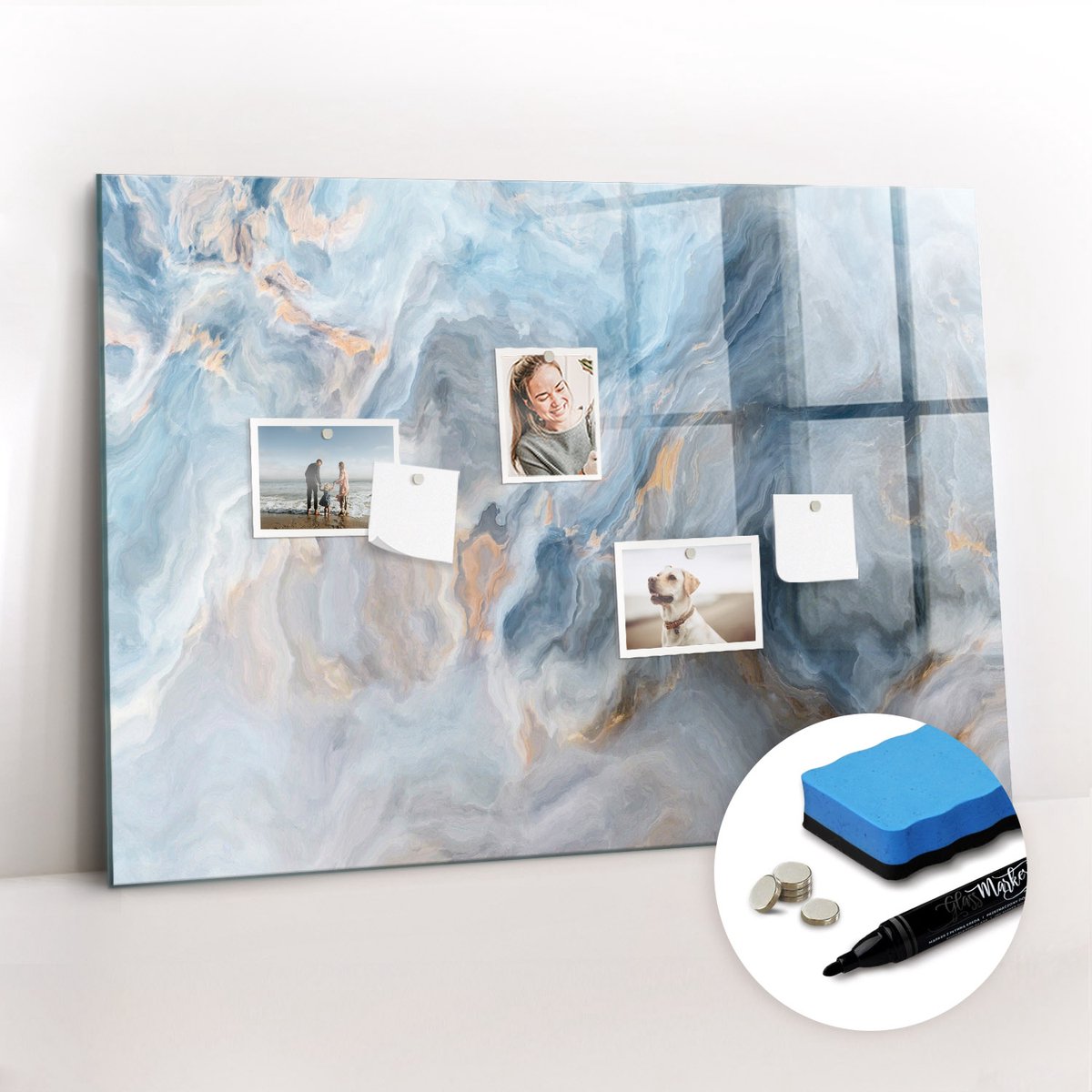 Tulup Whitebord - Klassiek marmerpatroon - 100 x 70 cm - Blauw Memo Bord - Gratis 5 Sterke Magneten + Whiteboard Marker & Wisser - Wanddecoratie Kantoor - Magneetbord Rechthoekig - Inspiratiebord Kantoor