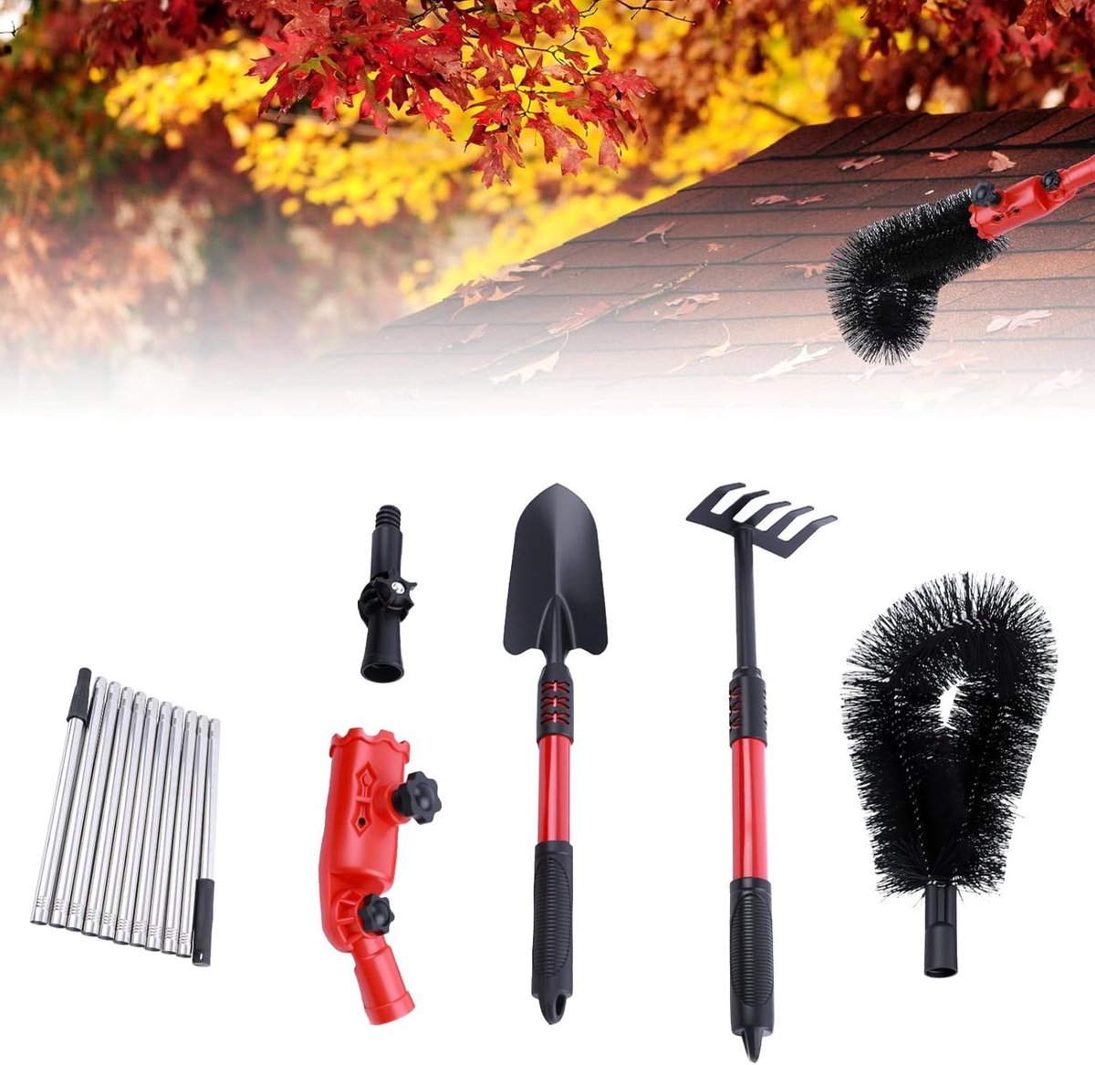 Goot Reiniger - Dakgoot Set - Buiten Schoonmaken - Verstelbare Hoek - 4 Meter Telescoop - Rood Zwart