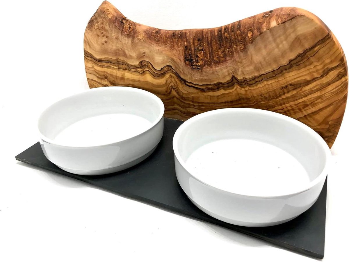 Voederstation Honden - Hondenvoerbak - Verhoogd Eten - Massieve Olijfhouten Plank - 2 x 09 liter - Natuurlijk