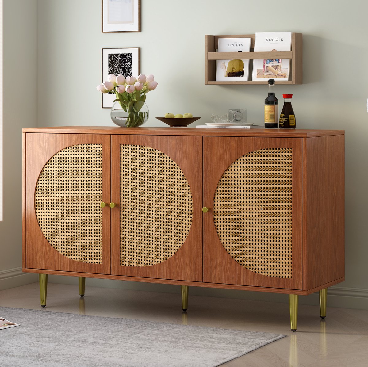 HAUSS SPOLE Dressoir - Met 3 Deuren En Rotanlook - Verstelbare Opbergruimte Voor Woonkamer Slaapkamer Of Hal - Spaanplaat - 129,8x40x76 Cm - Walnoot