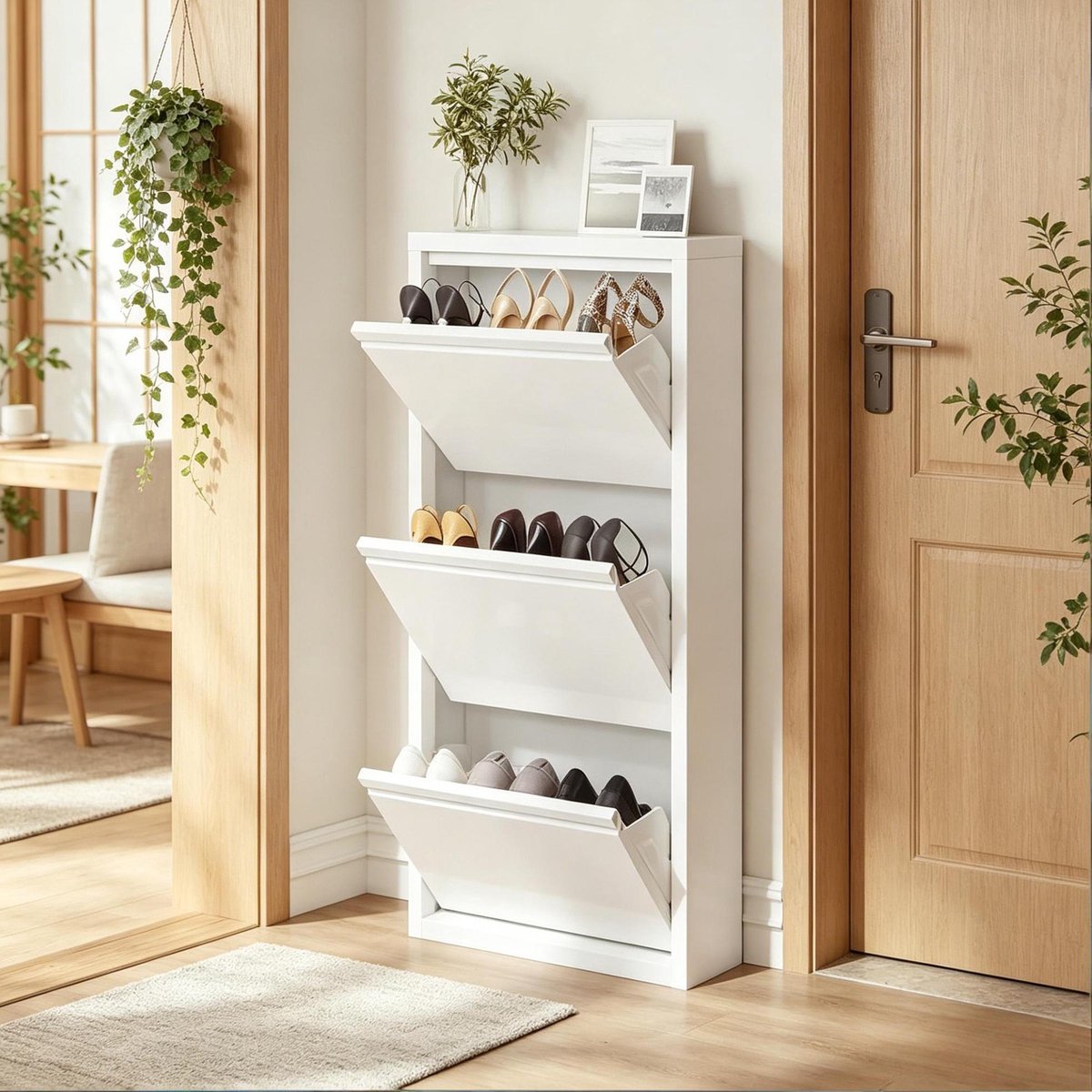 MIVRAY Schoenenkast - Smal Model Met 3 Opklapvakken En Anti Kantelbeveiliging - Voor Hal En Appartement - Metaal - 50x15x106 Cm - Wit
