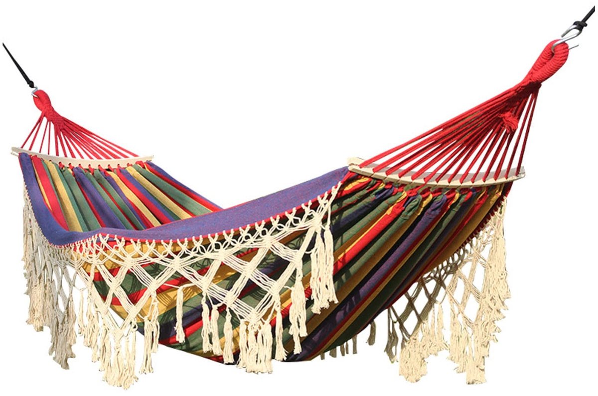 200x150 cm Double Outdoor Camping Tassel Canvas Hangmat met stick (kleurrijke strepen)