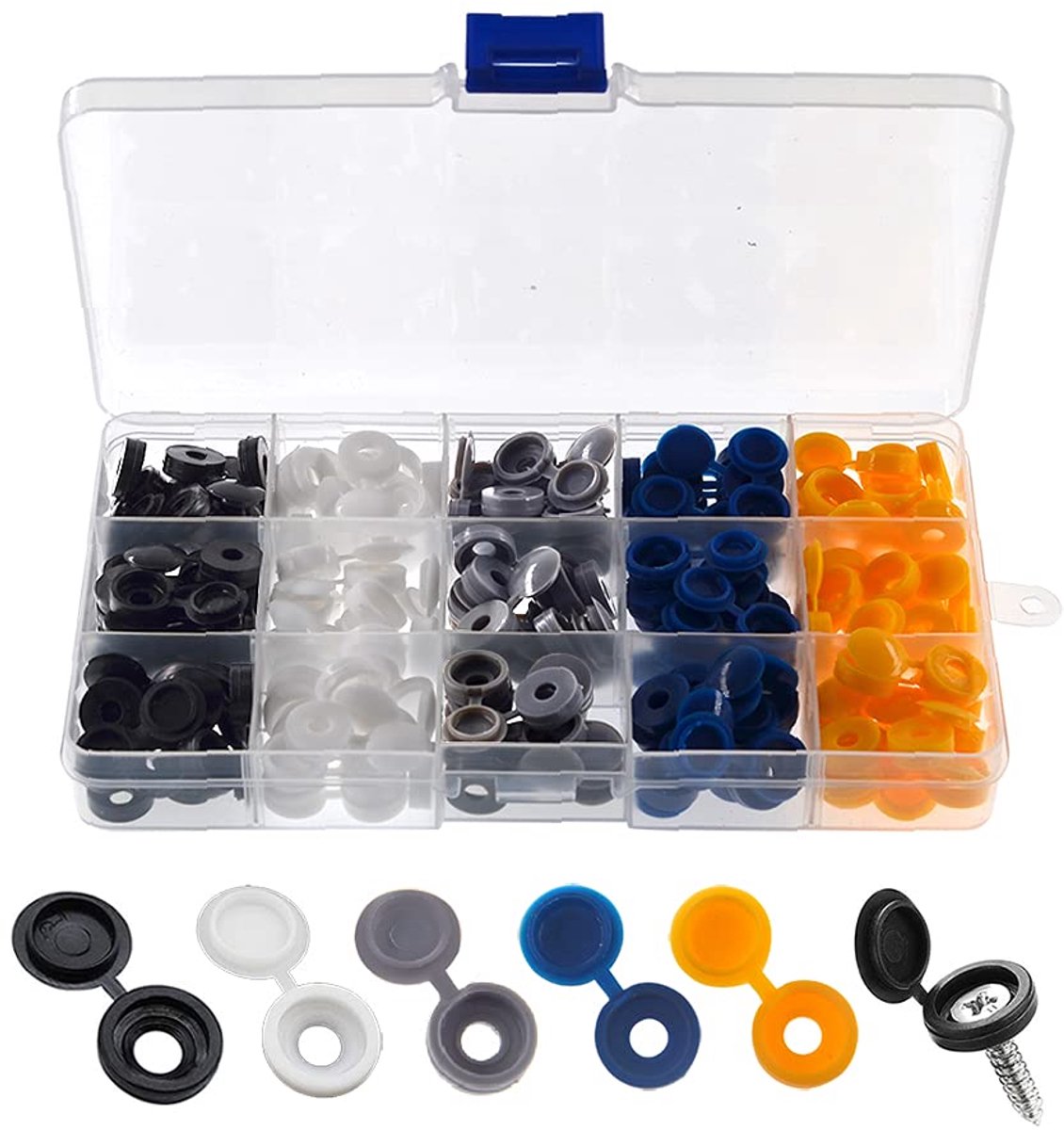 150 Stuks Kunststof Scharnierende Schroefdoppen, Vouwschroef Drukring Flip-tops voor Nummer 6/8 Schroeven, Zelftappende Decoratieve Schroefdeksels, voor Meubelkast, Wit/Zwart/Grijs/Blauw/Geel