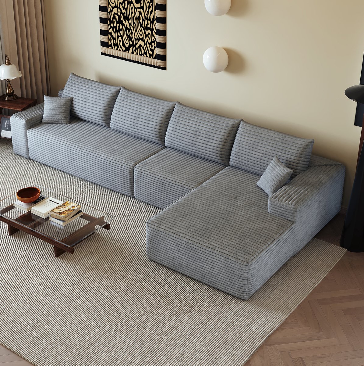 FloraGrace Hoekbank 340 x 175 x 83 cm - Modulaire 4-Zits Bank Met L-Vormige Chaise Longue Zonder Montage - Woonkamer Slaapkamer Appartement - Stof Corduroy - Grijs